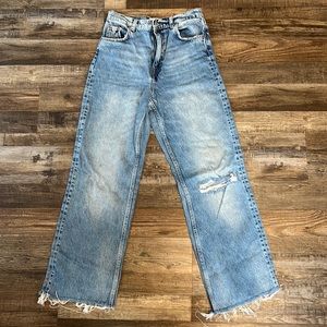 Zara High Rise Distressed Light Wash Straight Leg Denim Jeans